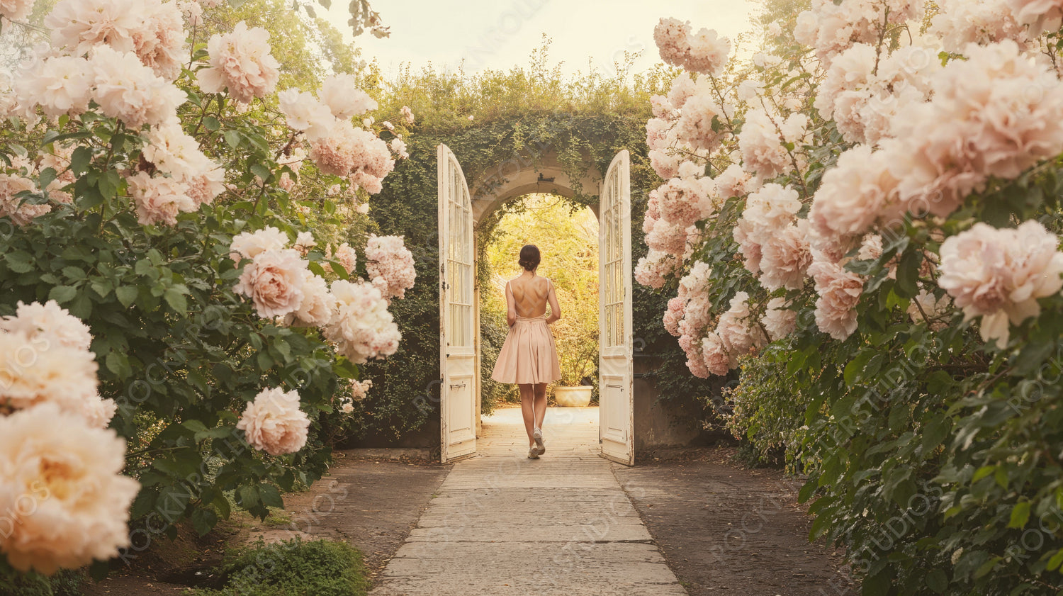 Enchanted Summer Stroll: Woman in Pink Dress Enters Sunlit Garden Through Floral Archway
