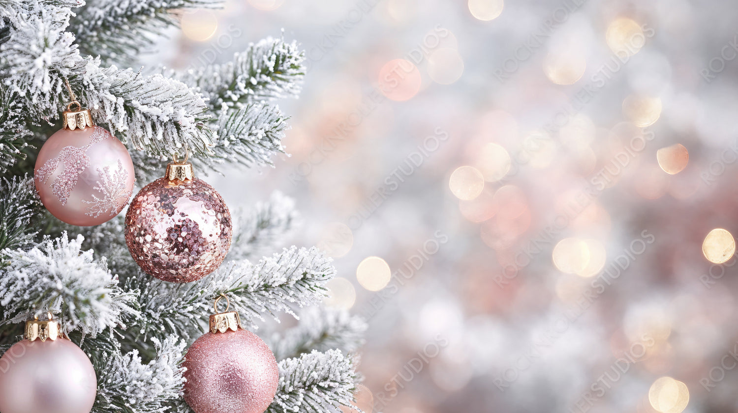 Beautifully decorated snow-dusted Christmas tree with delicate pastel ornaments and lights