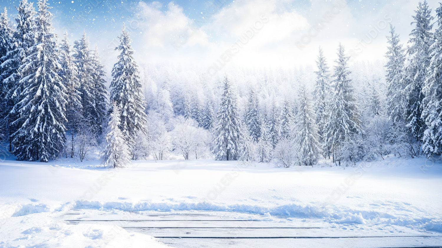 Sunrise Over Snowy Forest with Pine Cones on Wooden Deck, Capturing Winter’s Warmth