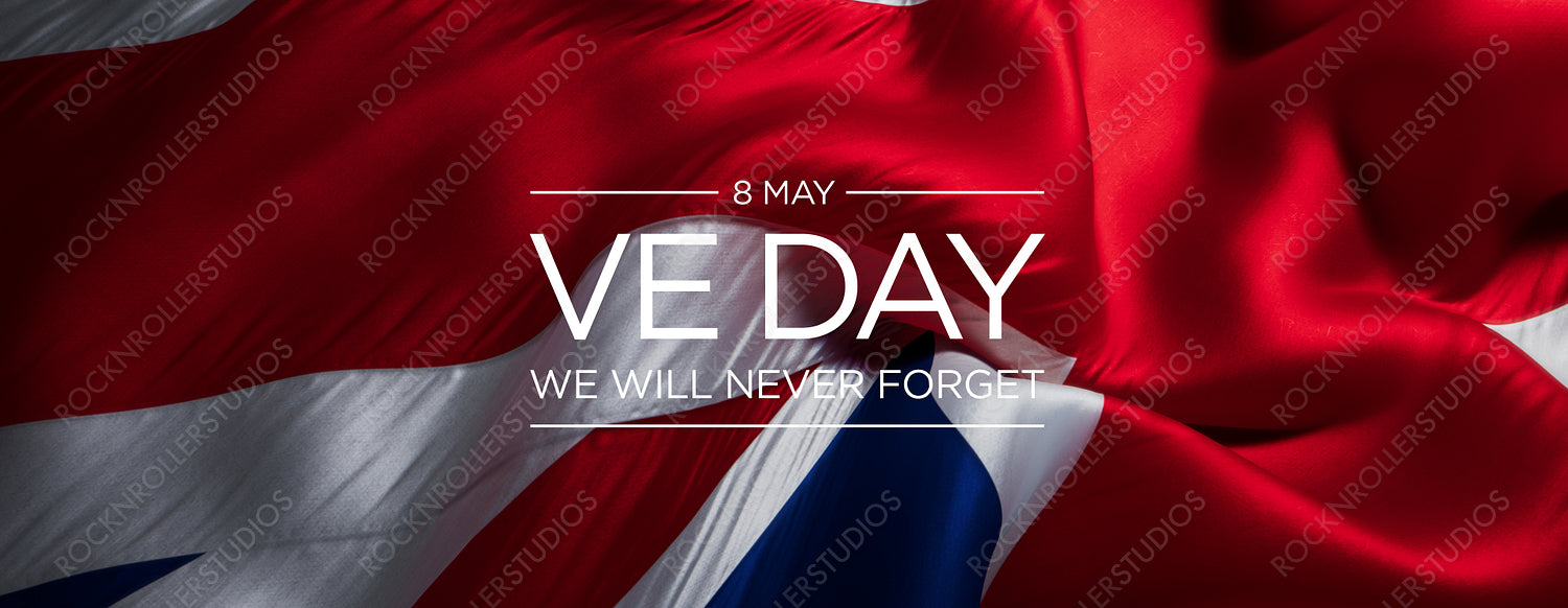 Vibrant Union Jack Flag with VE Day Tribute: 'We Will Never Forget' : A Symbol of Remembrance and Patriotism