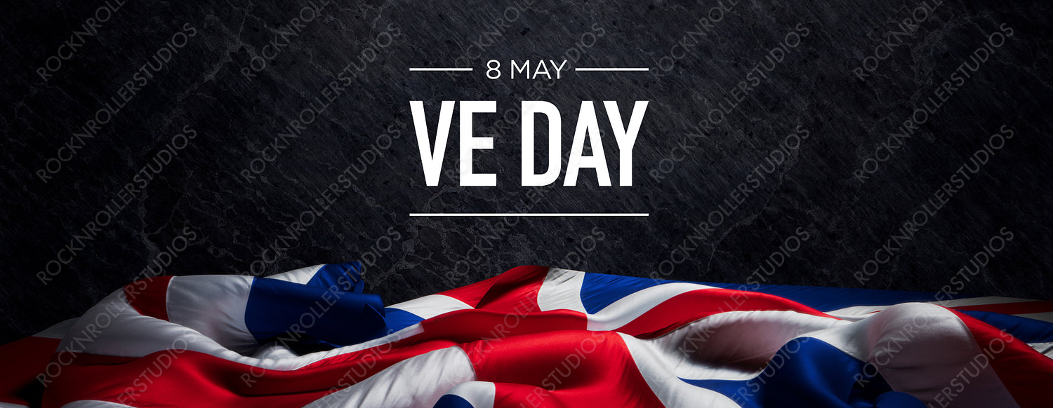 Stylish VE Day Commemoration Banner with Union Jack Flag on Slate Background