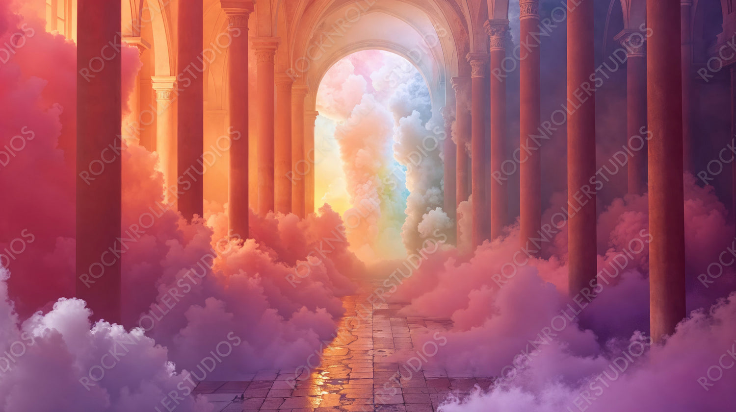 Dreamy Pastel Archway with Fluffy Clouds - Surreal, Ethereal Corridor