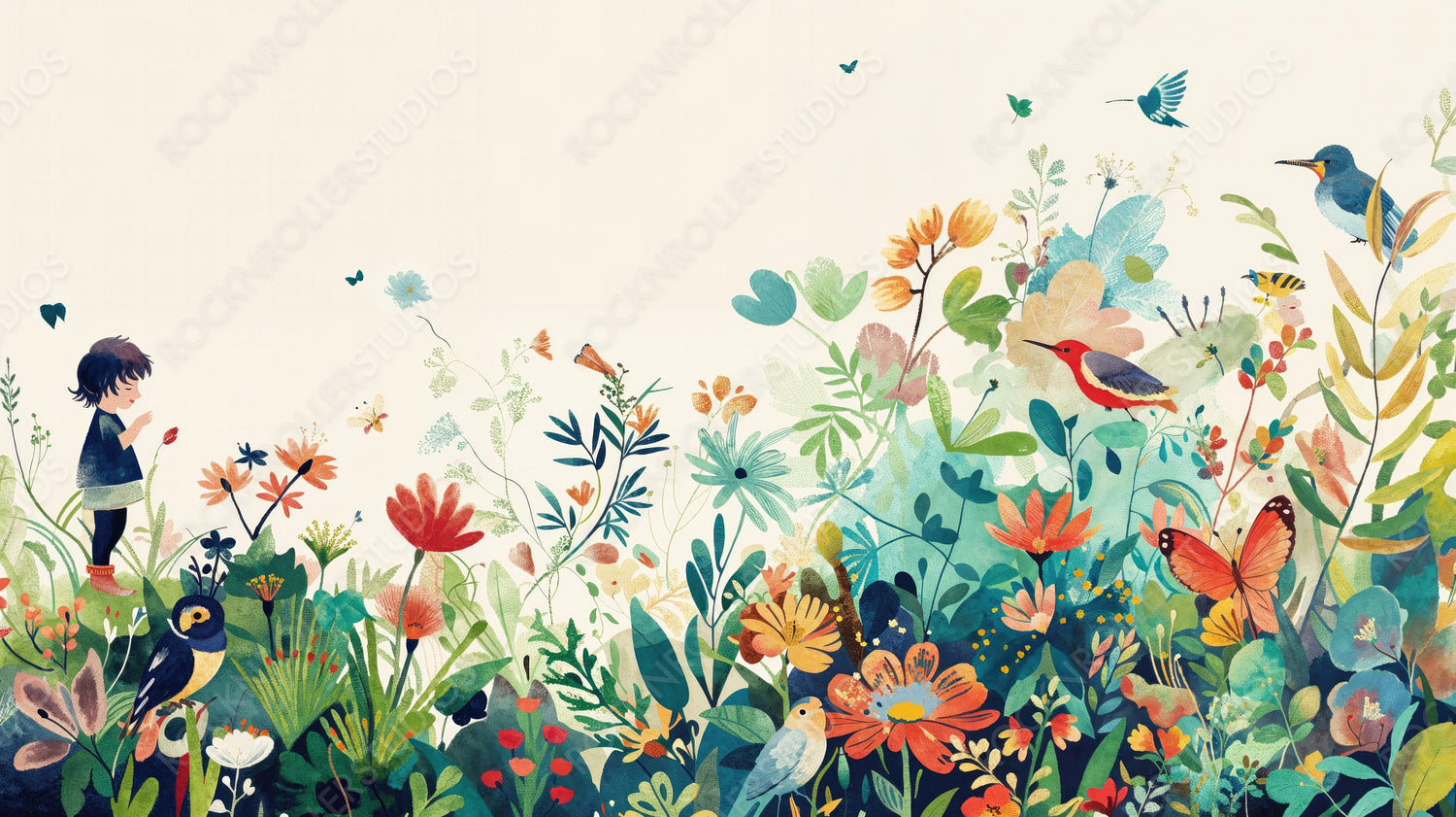 Whimsical Illustration of Child in a Colorful Garden