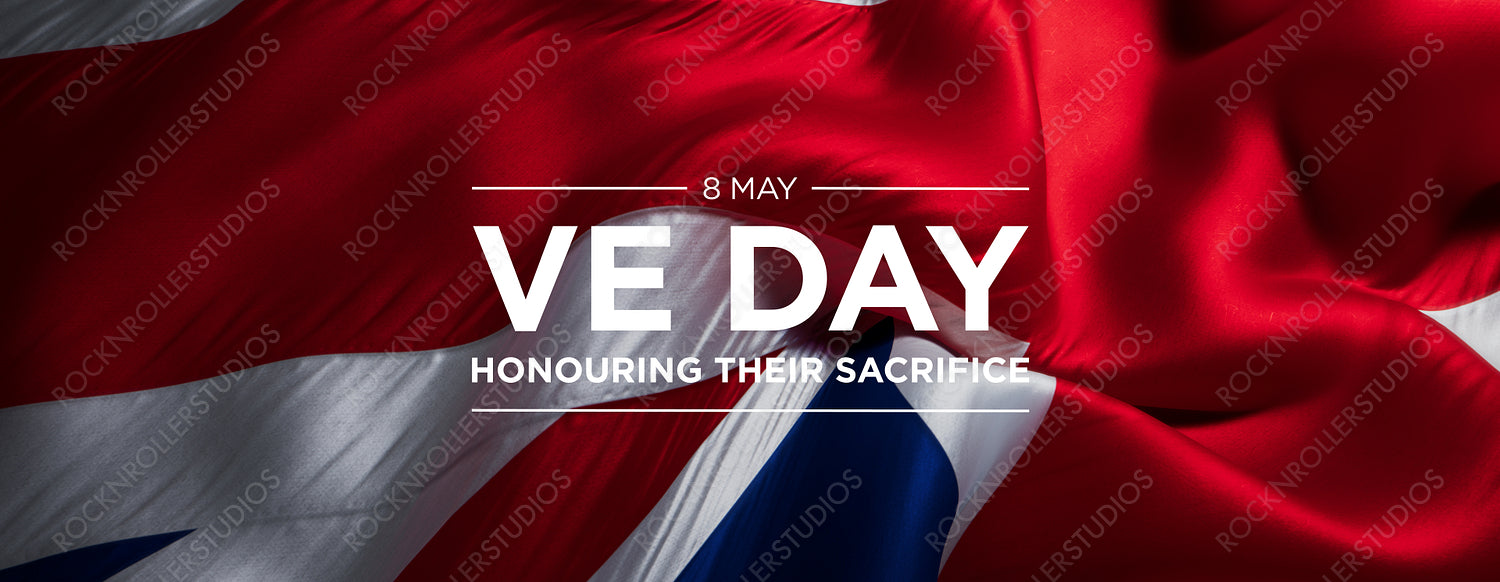 VE Day Tribute: Union Jack Flag with 'Honouring Their Sacrifice' Text for WWII Commemoration