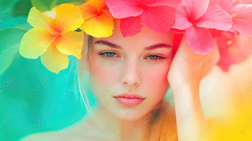 Radiant Tropical Beauty: Young Woman with Hibiscus Floral Crown in a Summery Portrait