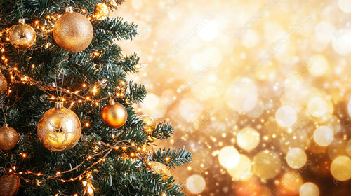 Golden Christmas Tree Ornaments and Sparkling Lights Against a Warm Holiday Background