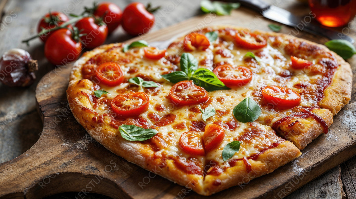 Heart Shaped Pizza on a Wooden Board. Valentine’s Day Background.