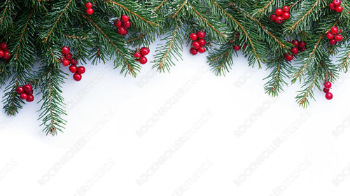 Simple holiday background with fresh evergreen branches and vibrant red holly berries