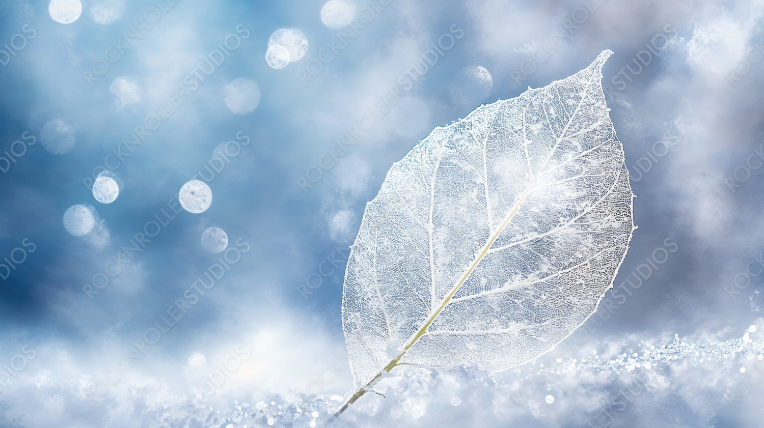 Single Frozen Leaf in Frosty Snow-Covered Landscape with Winter Blue Sky