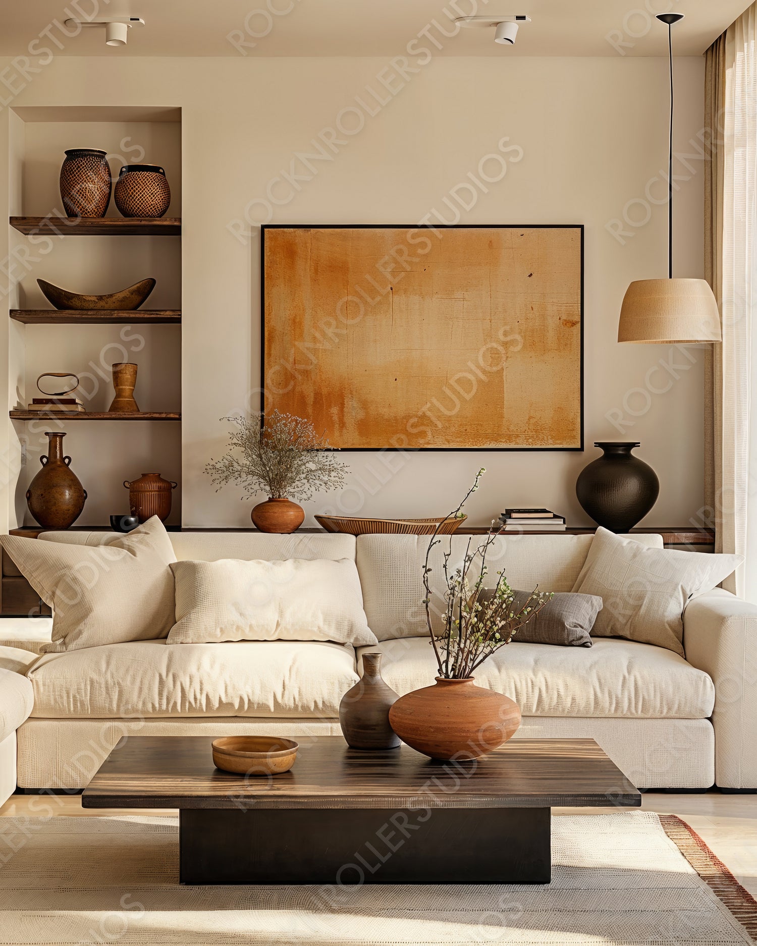 Cozy and Chic Living Room with Rustic Orange Art and Earthy Tones