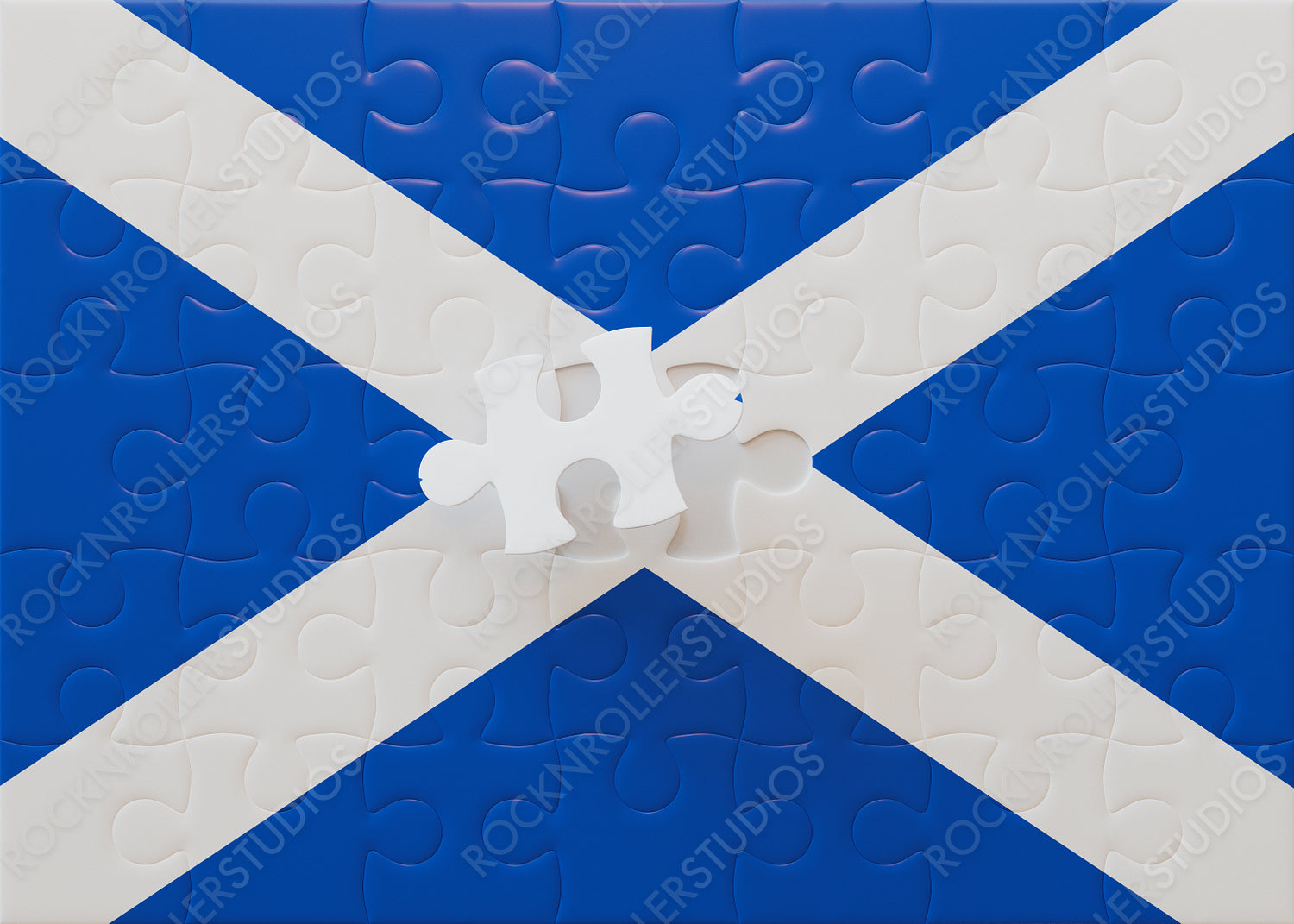 Completing Scotland: Jigsaw Puzzle of the Scottish Flag with Last Piece Fitting