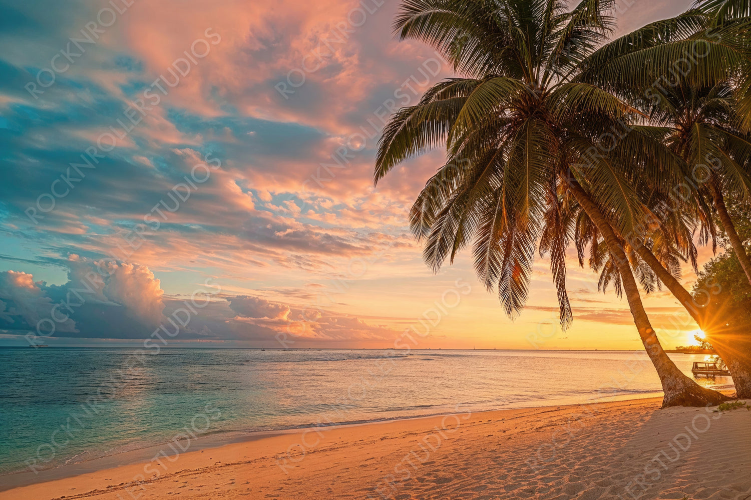 Dream getaway Seascape in the Bahamas. Travel wallpaper with Majestic Sunset Beach.