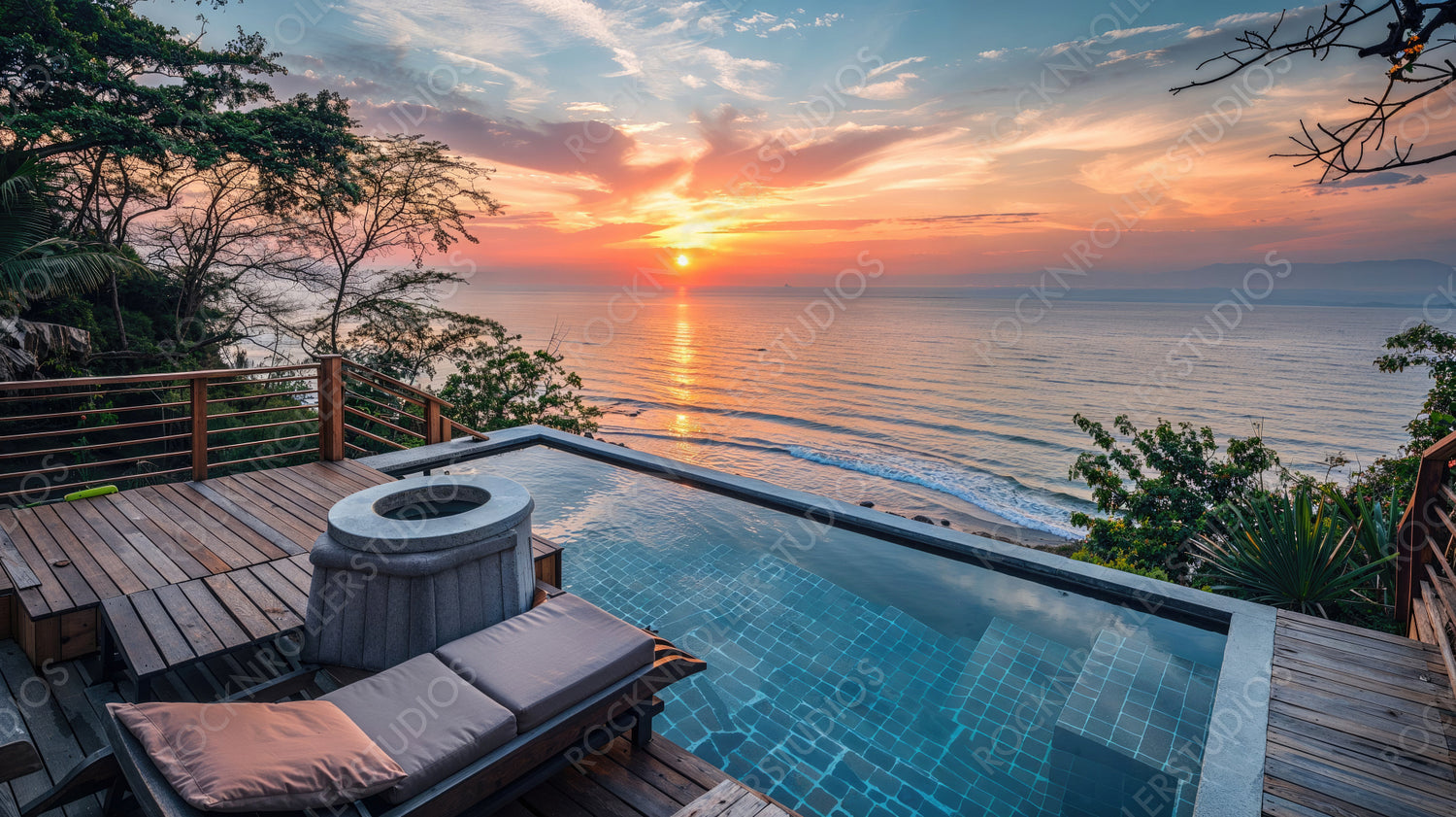 Scenic Ocean View from Private Infinity Pool at Tropical Resort during Sunset