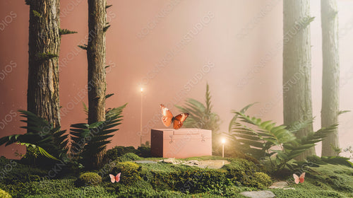 Enchanting Forest Scene with Butterflies and Magical Lighting