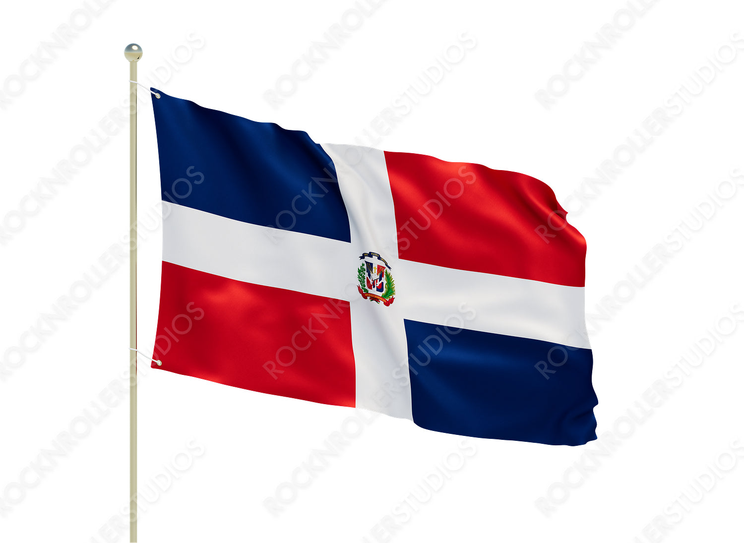 Pristine Dominican Republic Flag with Coat of Arms on Flagpole. Transparent PNG