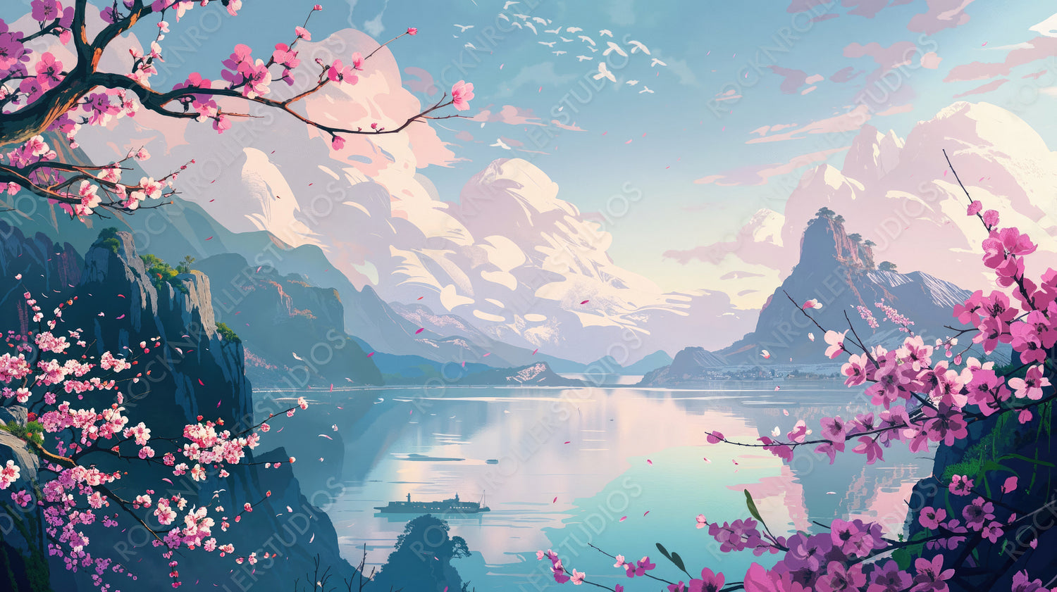 Scenic Landscape with Blooming Cherry Blossoms and Mountains