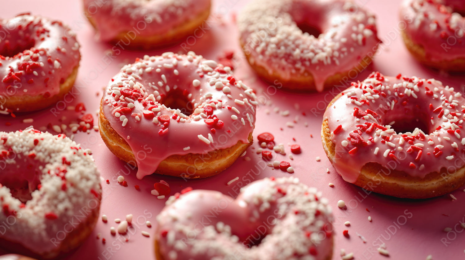 Irresistible Pink Frosted Donuts with Sugar Sprinkles on a Pink Background