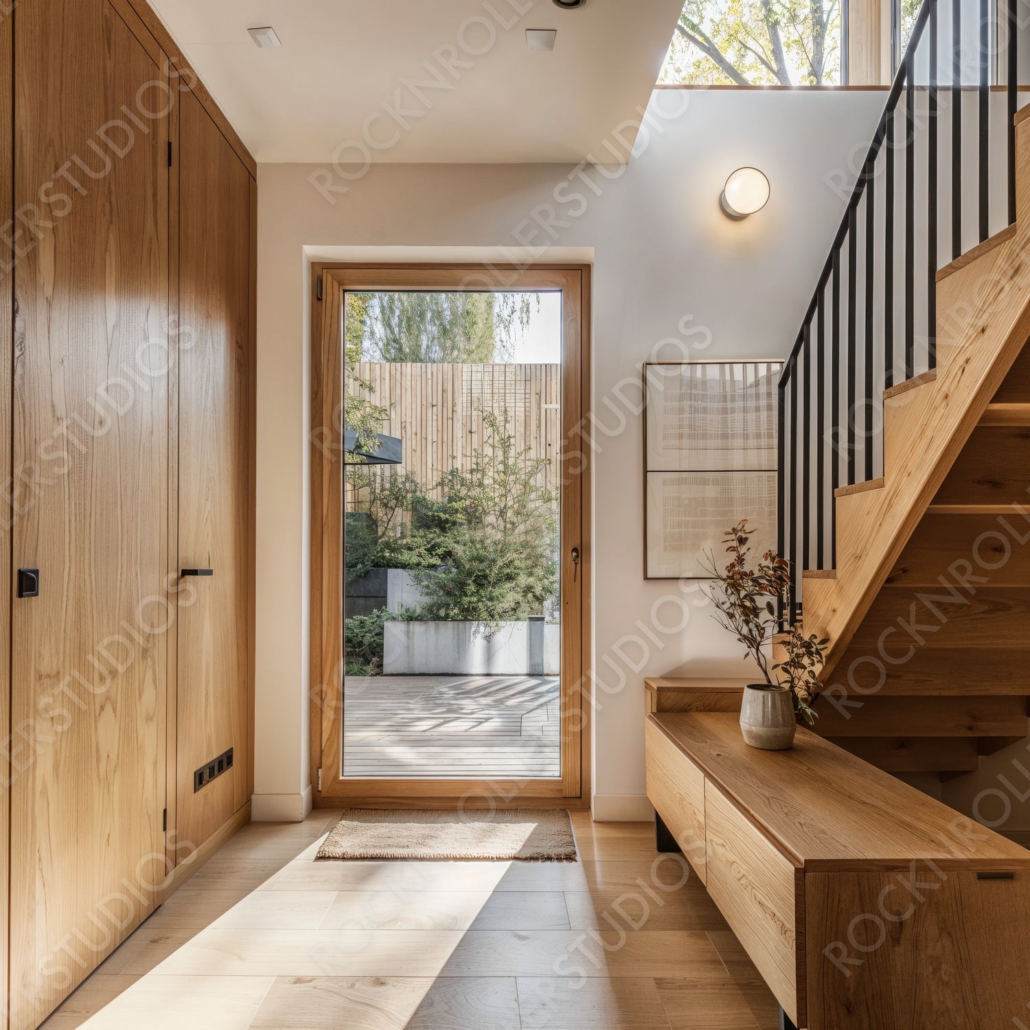 Scandinavian-Inspired Hallway Oasis: Minimalist Design with Natural Light and Wooden Accents