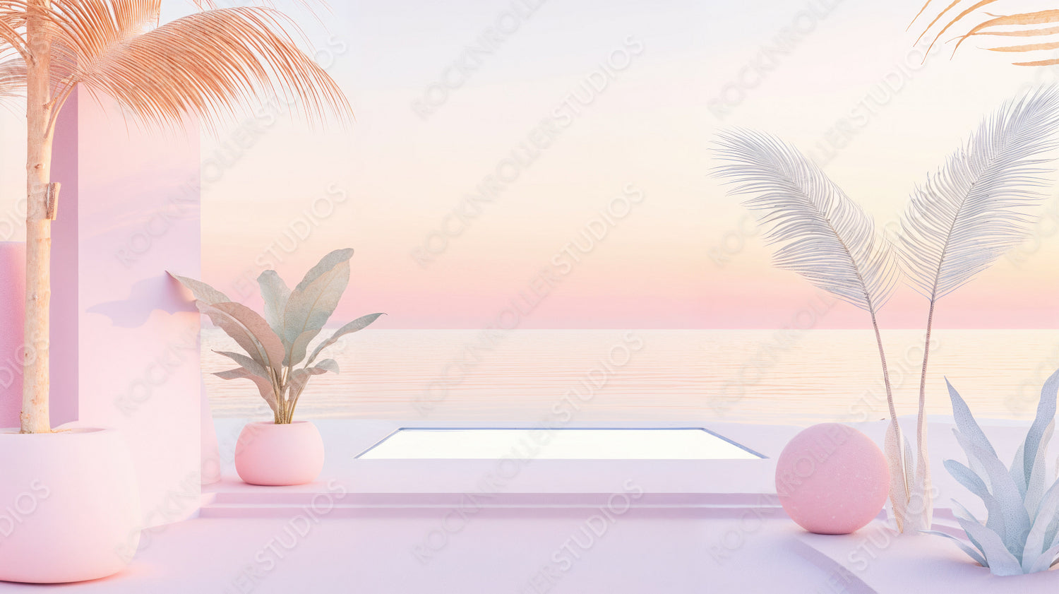 Pastel Paradise: Surreal Seascape with Tropical Flair and Modern Minimalist Touch