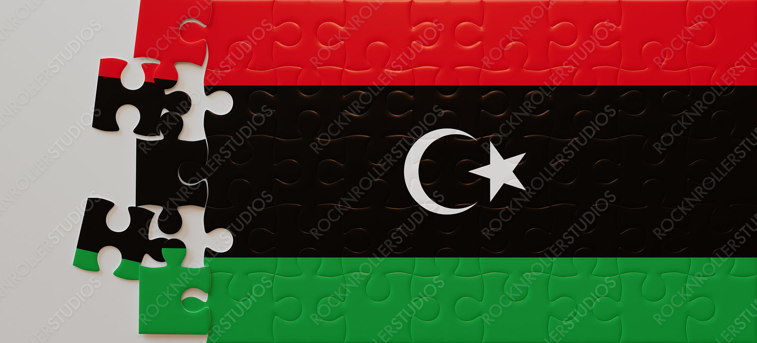 Libya's Flag in Progress: Colorful Jigsaw Puzzle with Crescent and Star
