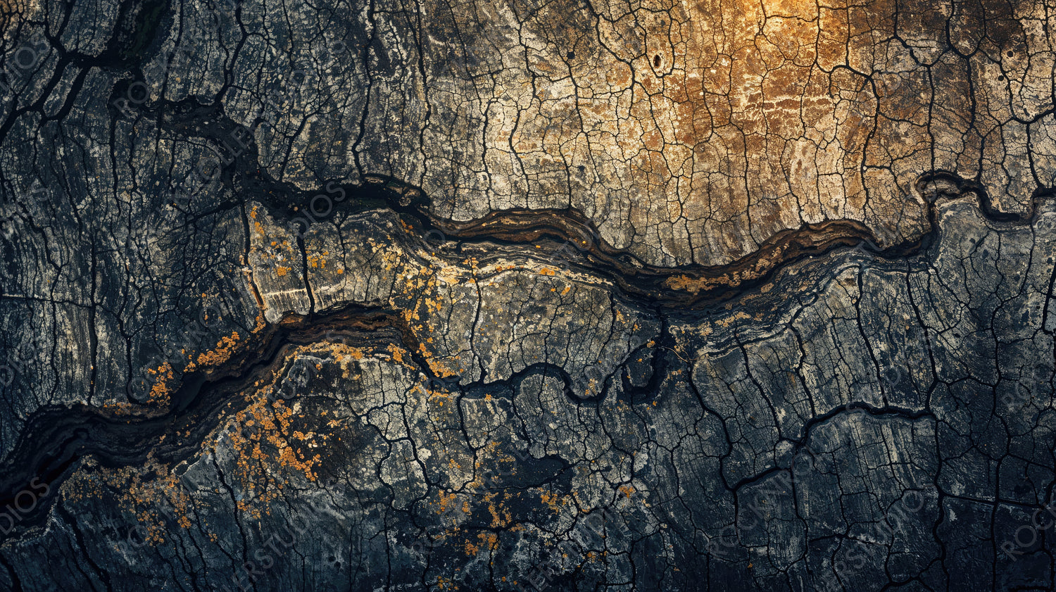 Close-up of weathered tree bark with intricate textures and patterns in natural light