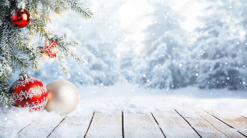 Winter scene with frosted Christmas ornaments on snowy pine branches in a peaceful forest