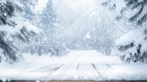 Snow-Covered Trees Framing a Winter Wonderland with Falling Snowflakes