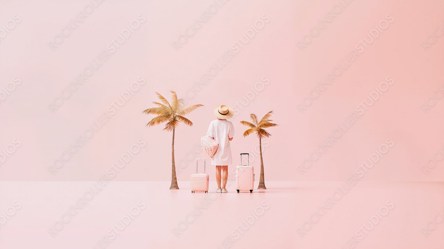 Chic Tourism Concept with Traveler and Palm Trees on Pink Background