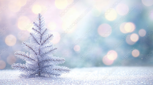 Soft bokeh lights surrounding a snow-covered pine tree in a magical winter landscape