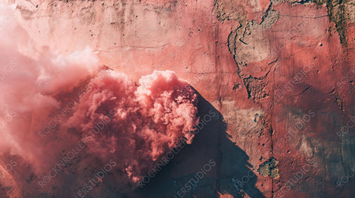 Fiery Explosion Illusion on Cracked, Aged Wall: A Vivid, Dramatic Display of Red and Pink Smoke