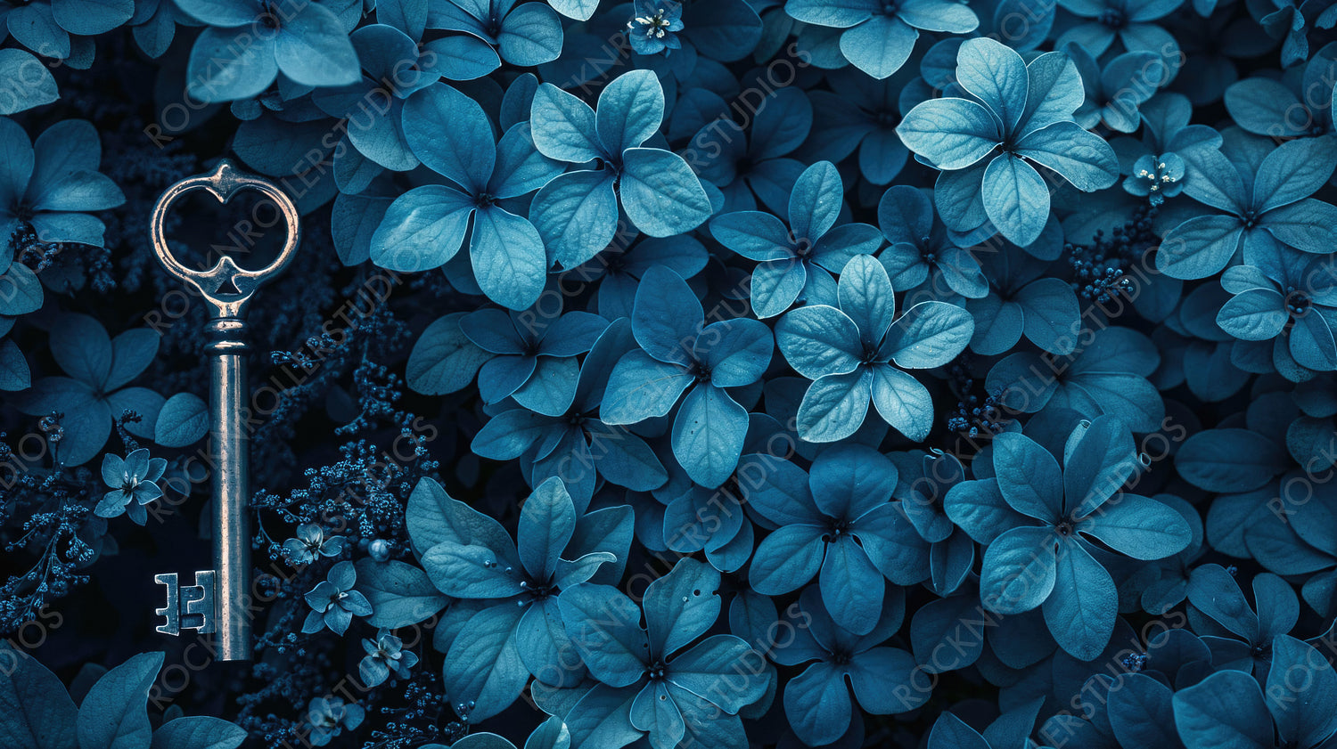 Vintage Key Amidst Blue Hydrangeas: A Blend of Nostalgia and Nature