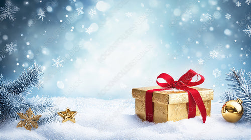 Golden gift wrapped in red ribbon surrounded by snow, ornaments, and glowing lights