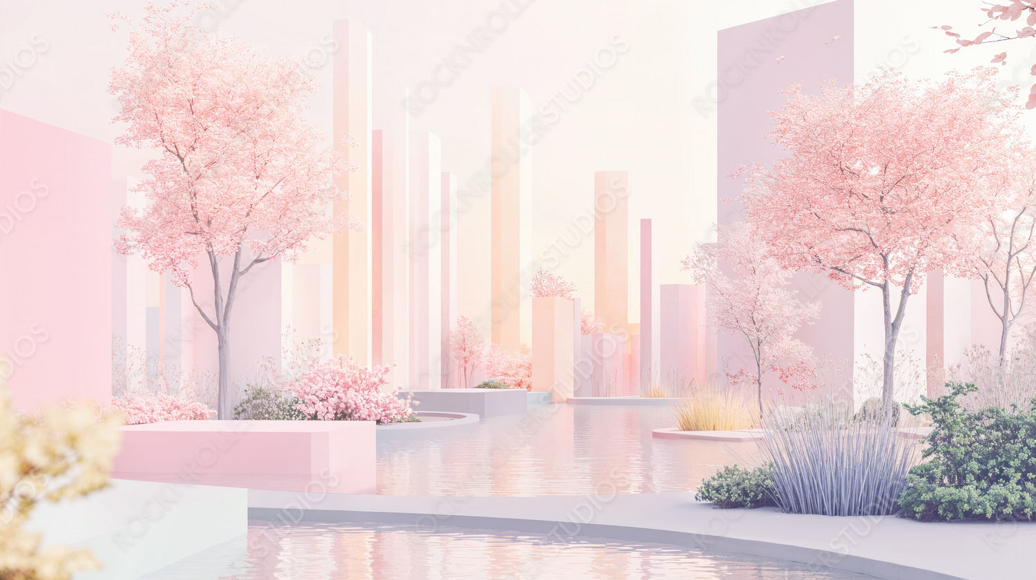 Serene Spring Scene: Cherry Blossoms and Modern Architecture in Pastel Hues