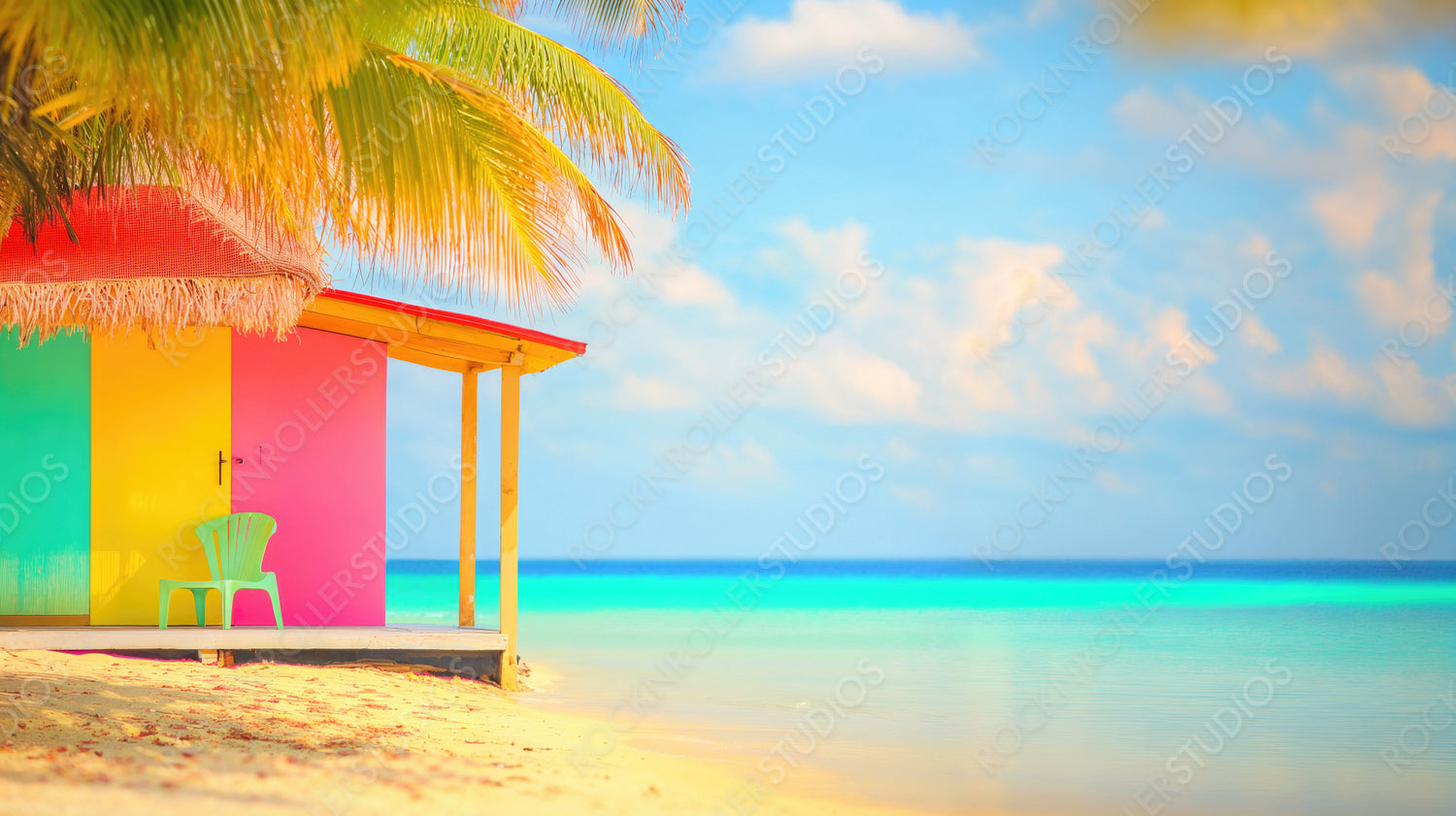 Colorful Tropical Paradise: Vibrant Beach Hut and Serene Turquoise Sea