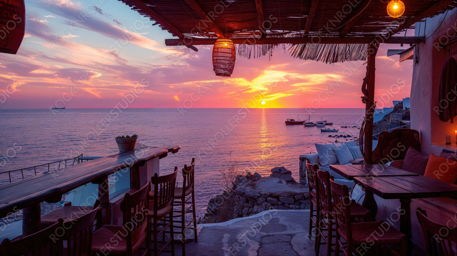 Charming Oceanfront Restaurant at Sunset, Cozy Outdoor Dining with Scenic View
