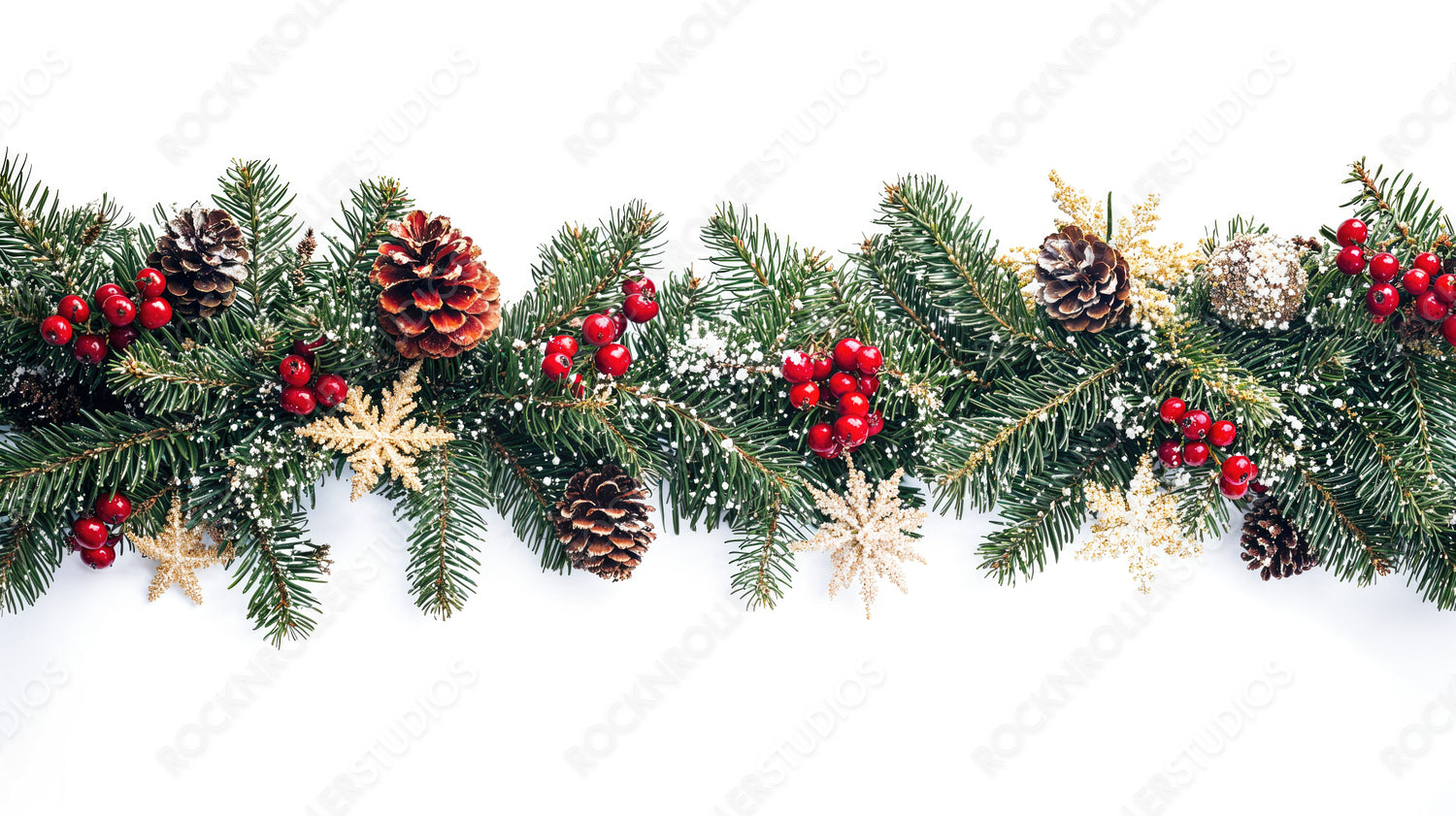 Christmas Pine Decorations with Red Ornaments and Gold Stars Against a White Background