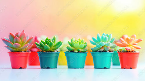 Vibrant Succulent Collection in Colorful Pots Against a Cheerful Gradient Background