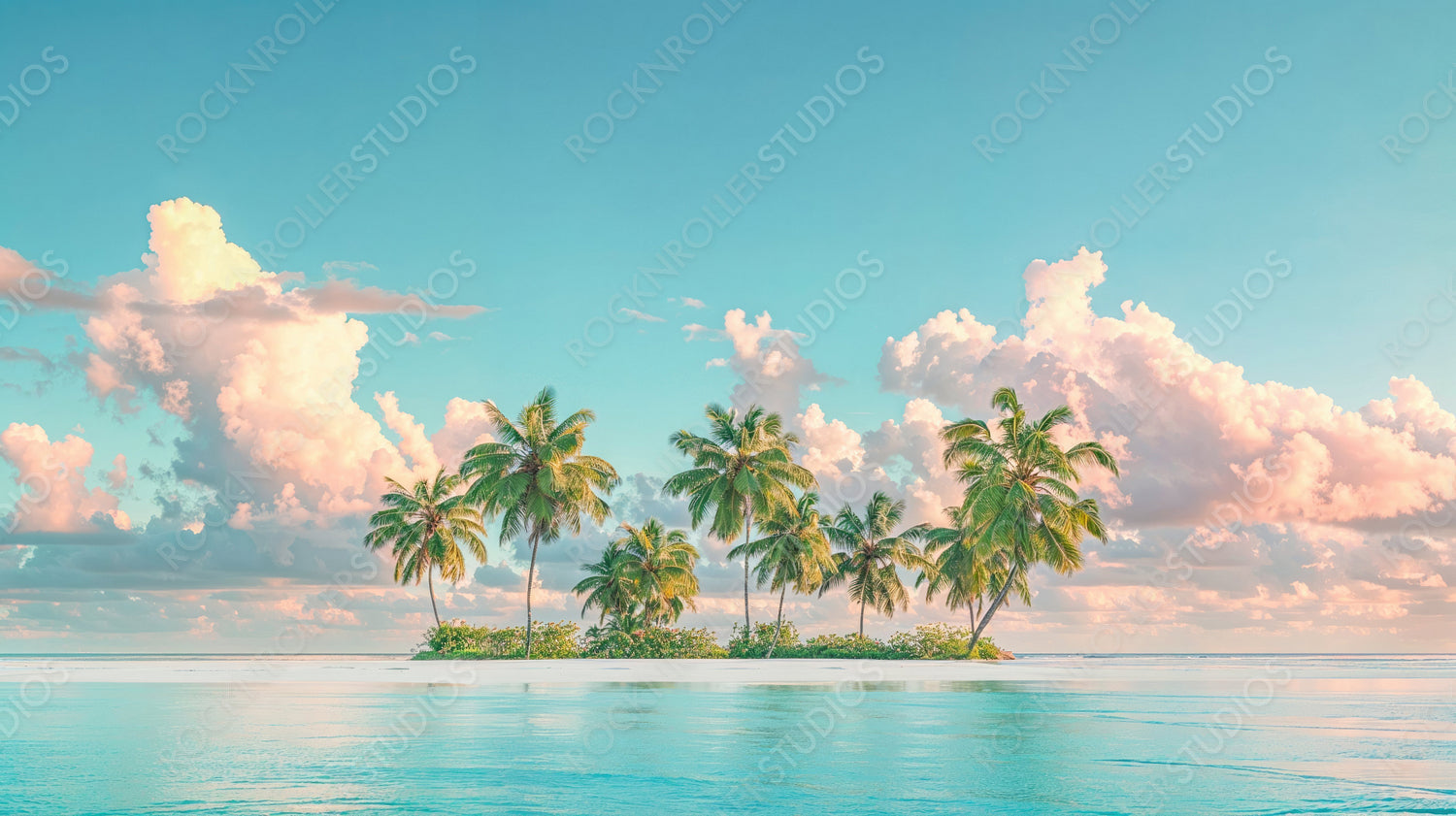 Tropical Island Paradise with Palm Trees and Blue Sky