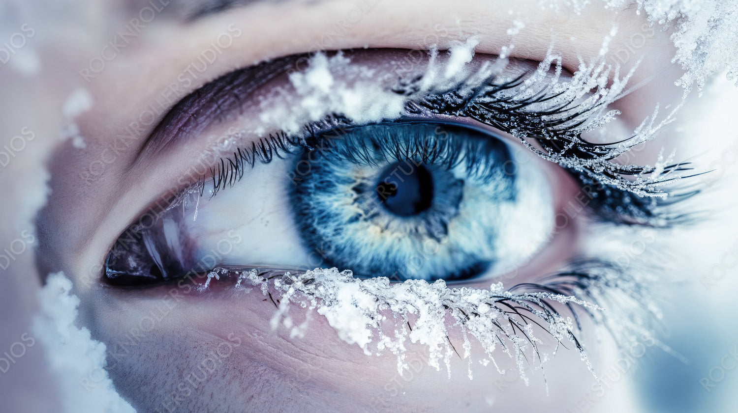 Close-up of a Frozen Blue Eye Surrounded by Icy Snowflakes and Frost