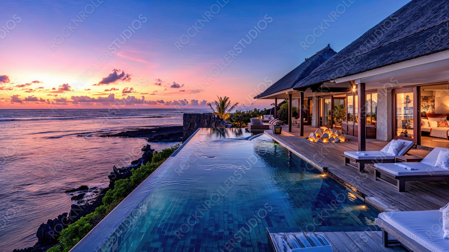 Luxury Villa with Infinity Pool Overlooking Ocean at Sunset