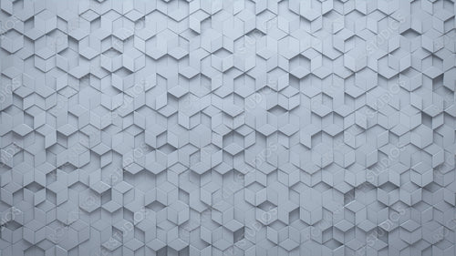 Semigloss, White Mosaic Tiles arranged in the shape of a wall. Futuristic, 3D, Blocks stacked to create a Diamond Shaped block background. 3D Render