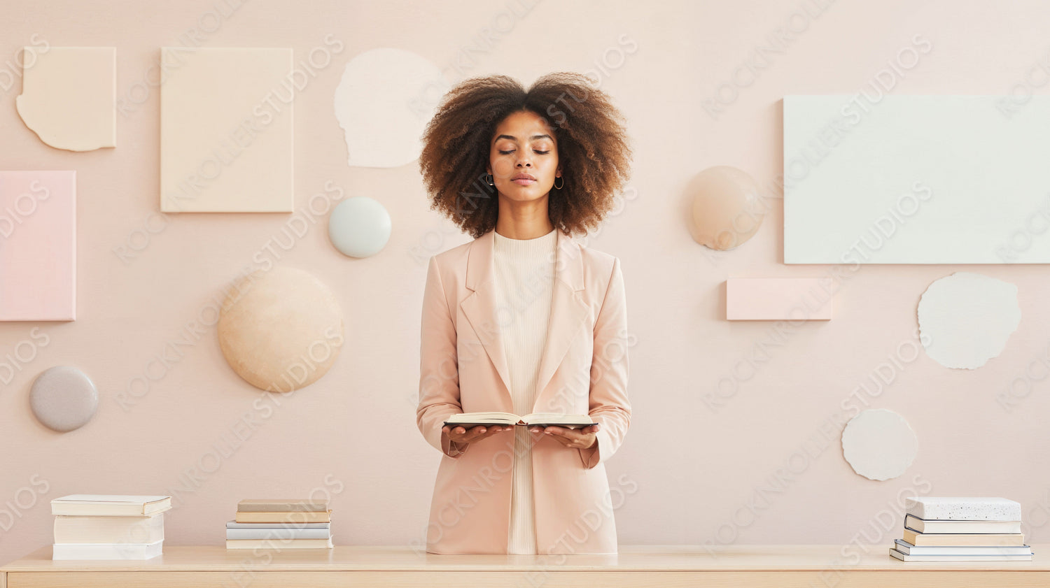 Serene Young Woman in Chic Pink Blazer Reading in Stylish, Minimalist Office