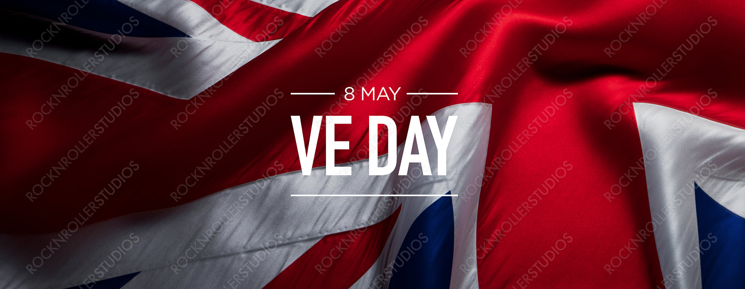 Textured Union Jack Flag with '8 MAY VE DAY' Inscription - Commemorating World War II Victory