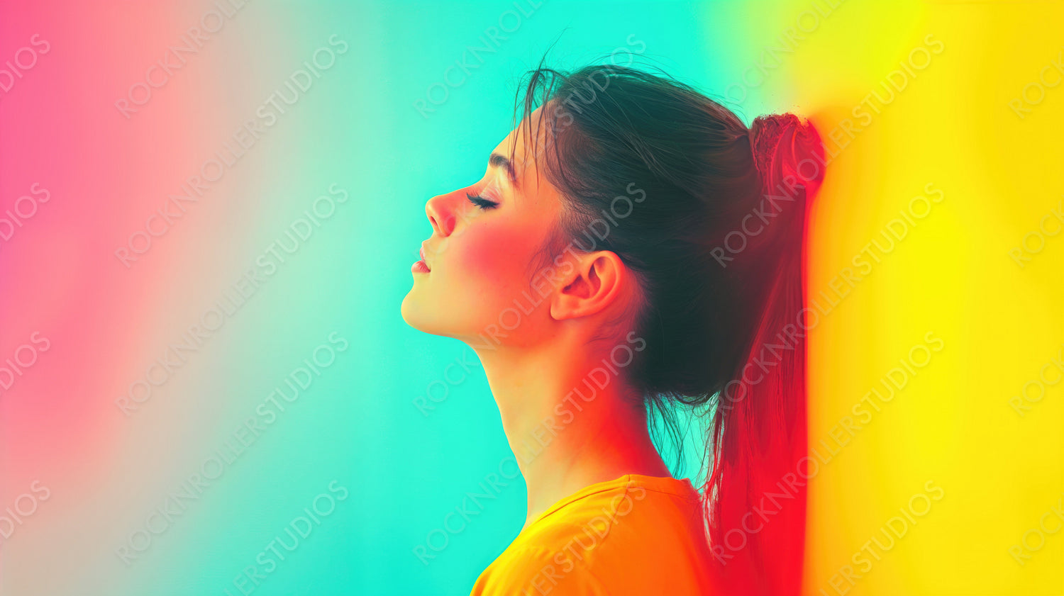 Serene Young Woman in Vibrant Colorful Backdrop: Profile View with Fashionable Flair