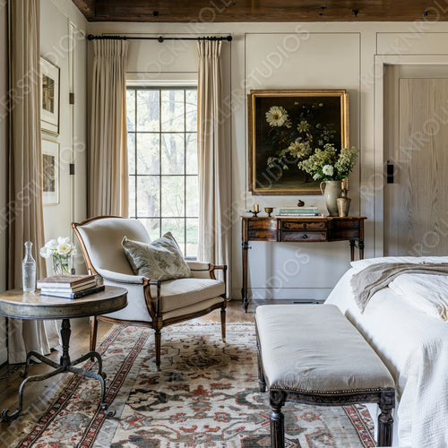 Classic Elegance Meets Cozy Charm: A Serene Bedroom with Vintage Decor and Sunlit Reading Nook