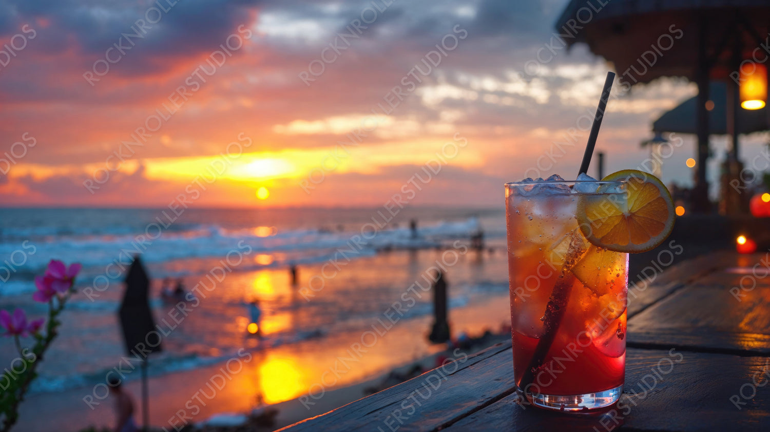 Colorful Cocktail at Sunset on Beachfront Deck