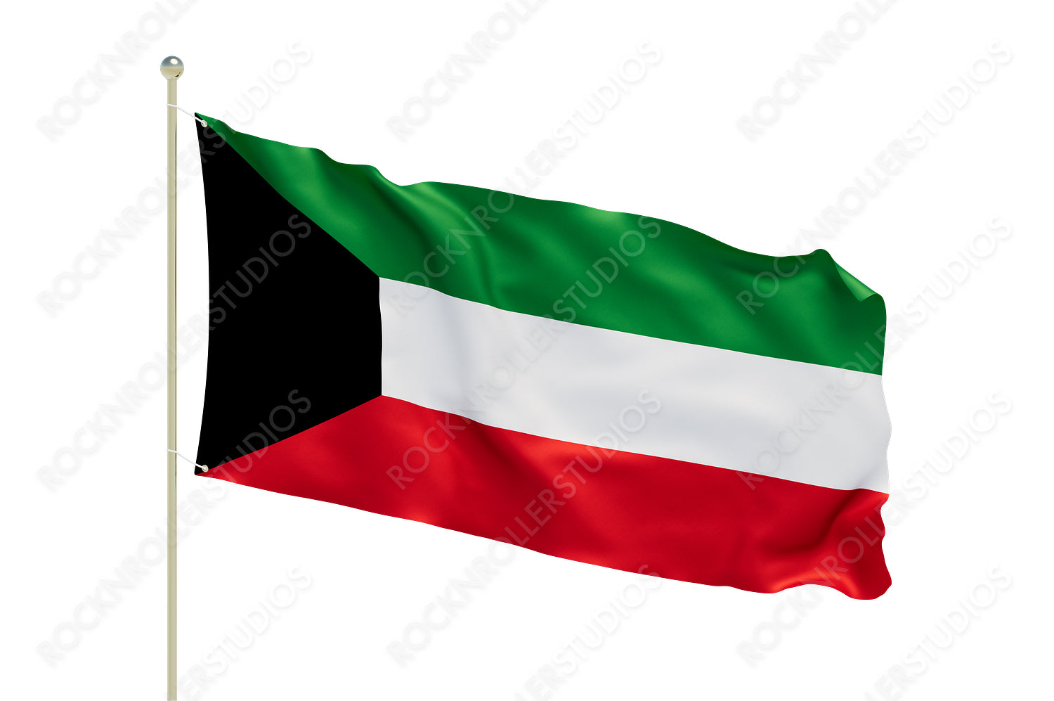 Vibrant Kuwaiti Flag with Iconic Tricolor and Black Stripe on Flagpole. Transparent PNG