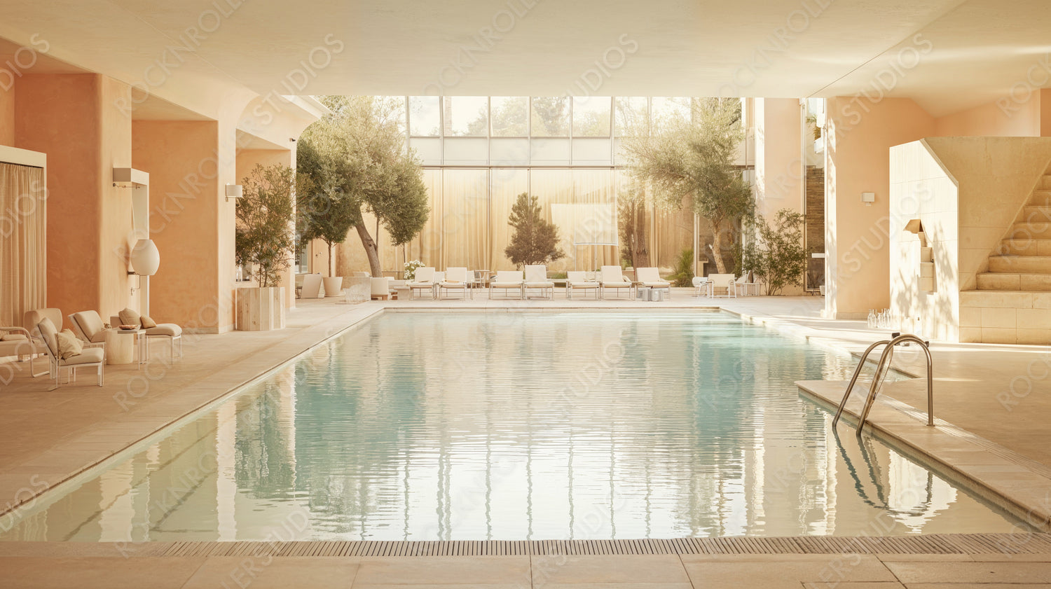 Serene Luxury Indoor Pool with Modern Minimalist Design and Warm Tones