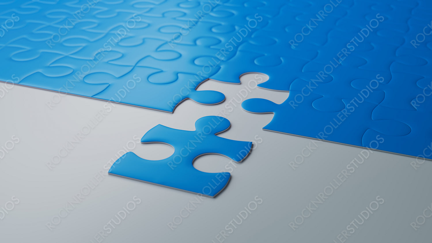 Strategic Connection: Glossy Blue Puzzle Pieces on Reflective Surface Highlighting Teamwork and Problem-Solving