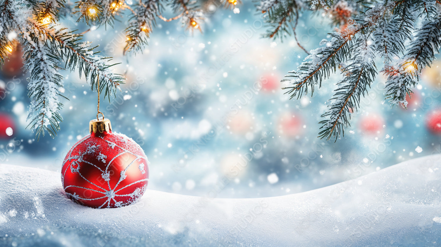 Snow-Covered Pine Branch with a Red Ornament in a Winter Wonderland Setting with Snowflakes